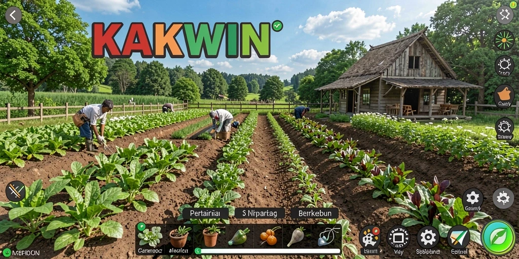 Tampilan permainan KAKWIN yang menawan dengan kebun yang subur.