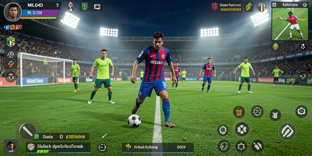 Tampilan aksi permainan sepak bola yang intens dan realistis.