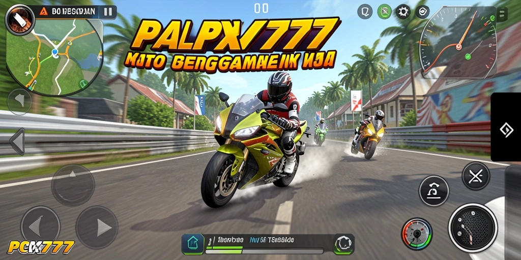 Tampilan gameplay mendebarkan dari PCX777 dengan aksi balap motor yang cepat.