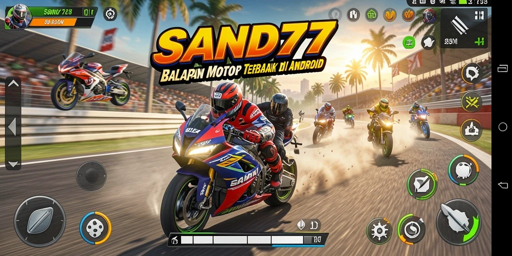 Tampilan gameplay SAND77 dengan aksi balap motor yang mendebarkan.