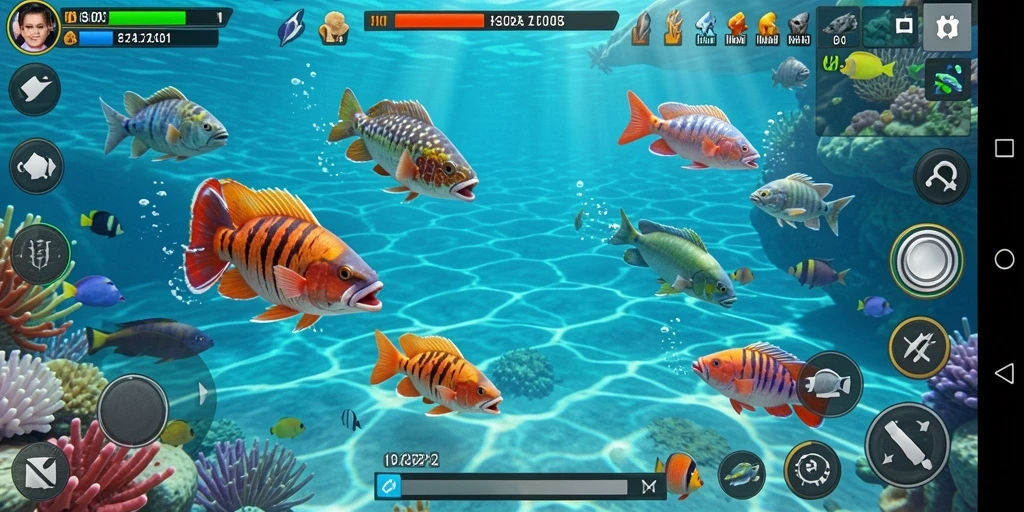 Tampilan gameplay menarik Tembak Ikan di V21 dengan berbagai jenis ikan.
