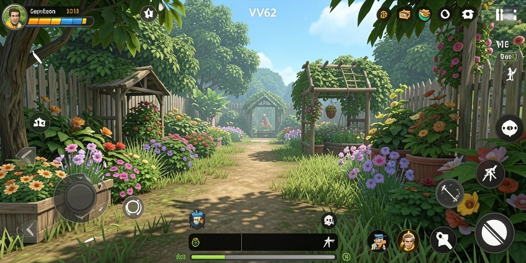 Tampilan gameplay seru saat bertani di <strong>VV62</strong>, menanam, dan merawat hewan.